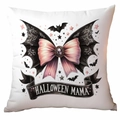 Funda de cojín Halloween Mama con lazo rosa, alas de murciélago y gema morada - Lazo de Mamá de Halloween (CDR327-10) / 45x45cm de Una Sola Cara Sin Relleno