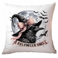 Funda de cojín de Halloween con cuervo negro y sombrero de bruja rosa sobre blanco - Cuervo de Vibras de Halloween (CDR327-11) / 45x45cm de Una Sola Cara Sin Relleno