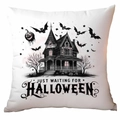 Funda de cojín de Halloween con casa gótica negra, murciélagos y calabaza ilustrada - Ilustración de Casa Embrujada de Halloween (CDR327-18) / 45x45cm de Una Sola Cara Sin Relleno