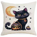 Detail der Leinenstruktur Kissenhülle mit süßer Halloween Katze und Kürbis Illustration - Goldhalsband Kürbis Schwarze Katze Stil (DYM343-33) / 45x45 cm