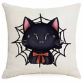 Detailansicht eines Leinen-Kissenbezugs mit Halloween-Katze und Spinnennetz - Schleife und Netz Katze Stil (DYM343-23) / 45x45 cm