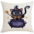 Nahaufnahme von Halloween-Katze im Hexenkessel auf Leinenkissenbezug mit Sternen-Textur - Besenkessel Schwarze Katze Stil (DYM343-26) / 45x45 cm
