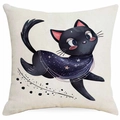 Detailansicht der Leinentextur mit niedlichem Halloween-Cartoon-Schwarze-Katze-Aufdruck - Verträumter Sternenmantel Katze Stil (DYM343-28) / 45x45 cm