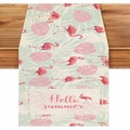 Linen table runner with pink flamingos, tropical leaves and Hello Summer text - 33*183cm Table Runner / Mint Green Flamingo (ZQ106-31)