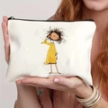 Pochette per trucchi in tela di lino con illustrazione di ragazza e cerniera nera - Ragazza in Abito Floreale (2) / Bianco