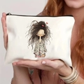 Borsa per cosmetici bianca in lino con simpatica stampa di ragazza e cerniera nera - Ragazza con Capelli Spettinati (3) / Bianco