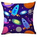 Space themed cushion cover with cartoon rockets and planets on a dark purple background - 45*45cm Without Core / Dark Purple Space Cartoon (TDLD88-15)