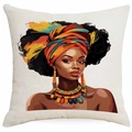 Square pillow cover featuring African woman art with colorful turban on beige canvas - Ethnic Beaded Necklace Portrait (DYM339-5) / 45*45cm Single-sided Without Core