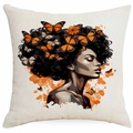 Square linen pillowcase featuring a black woman's silhouette with colorful butterflies - Profile Butterflies Art Spray (DYM339-11) / 45*45cm Single-sided Without Core