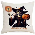 Halloween Kissenhülle aus Leinen mit Hexe, Kürbis-Motiv und Feeling Witchy Aufdruck - Exquisiter Zauberer Stil (DYM335-6) / 45x45cm (Einseitiger Druck - Ohne Kissenfüllung)