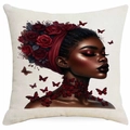 Artistic cushion cover with black girl portrait, red roses and butterfly motif - Red Rose Girl Portrait (DYM340-1) / 45*45cm Single-sided Without Core