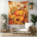 Autumn tapestry featuring orange pumpkins and sunflowers for warm home wall decoration - 70x100cm Brushed Fabric / Style 13