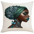Artistic square pillowcase featuring a Black girl in green floral headwrap print - Cyan Blue Style Girl Portrait (DYM340-5) / 45*45cm Single-sided Without Core