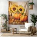 Autumn harvest tapestry featuring sunflowers and pumpkins on a rustic wood background - 70x100cm Brushed Fabric / Style 12