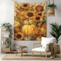 Detail of autumn pumpkin and sunflower tapestry hung in a cozy modern living room setting - 70x100cm Brushed Fabric / Style 10