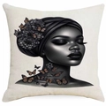 Square pillowcase featuring artistic Black woman portrait with butterflies and headscarf - Black Turban Orange Butterfly Girl (DYM340-11) / 45*45cm Single-sided Without Core