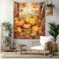 Detailed autumn tapestry featuring vibrant orange pumpkins and golden maple leaf patterns - 70x100cm Brushed Fabric / Style 1