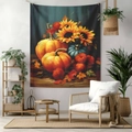 Detail view of fall harvest tapestry featuring pumpkins and sunflowers in cozy room - 70x100cm Brushed Fabric / Style 6