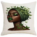 Linen cushion cover featuring a colorful African girl art print with green butterflies - Dark Green Makeup Girl Portrait (DYM340-13) / 45*45cm Single-sided Without Core