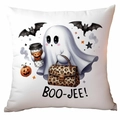 Funda de cojín blanca de Halloween con fantasma elegante, bolso de leopardo y texto boo-jee - Estilo de Bolso de Fantasma de Moda (CDR334-1)