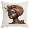 Square linen pillowcase featuring artistic African girl portrait with floral headband - Brown Turban Girl Portrait (DYM340-14) / 45*45cm Single-sided Without Core