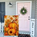 Detail of autumn garden flag featuring pumpkins, sunflowers, and maple leaves on linen - Sunflower with Three Pumpkins (HYQT51-8)