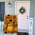 Detail of outdoor garden flag with sunflower pumpkin print on a metal hanger - Sunflower and Pumpkin Stack (HYQT51-7)