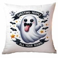 Linen Halloween pillow case featuring a white ghost pattern and humorous text quote - Funny Tongue Ghost Style (CDR334-5)
