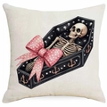 Skeleton in coffin pillow cover with pink polka dot bow on linen background - Coffin Style (DYM336-7) / 45x45cm