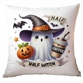 Linen Halloween pillow cover featuring a cute ghost wearing a witch hat and pumpkin design - Half Witch Coffee Style (CDR334-6)