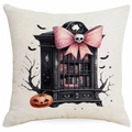 Square Halloween pillow cover with gothic bookcase, pink polka dot bow, and pumpkin cat - Bookshelf Style (DYM336-8) / 45x45cm
