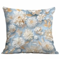 3D floral pillowcase with off-white flowers and golden leaves on light blue background - 45x45cm / Cream Flower Clusters on Light Blue (DLD7-6)