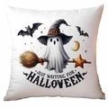 Linen Halloween pillow cover featuring a cute ghost in witch hat on white background - Waiting For Halloween Broom Style (CDR334-7)
