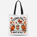 Sac fourre-tout en toile blanche avec motif fantôme et citrouille I Love Fall Most Of All - Fantôme Avec Nœud Papillon(FBDT21-24) / 33*39cm