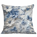 Square decorative pillow cover with 3D floral print and butterflies in blue and white - 45x45cm / Butterfly Blue and White Relief (DLD7-7)