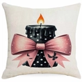 Halloween pillow cover with black candle, pink polka dot bow and bat prints on beige fabric - Candle Style (DYM336-10) / 45x45cm