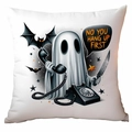 Linen Halloween throw pillow with ghost illustration and No You Hang Up First text - Classic Movie Ghost Style (CDR334-10)