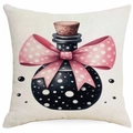 Halloween pillow cover with black bottle and pink polka dot bow on beige linen - Potion Bottle Style (DYM336-13) / 45x45cm