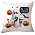 Halloween ghost throw pillow case in white linen with pumpkin and bat patterns - Ghost Catchphrase Style (CDR334-11)