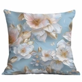Light blue square cushion cover with 3D white floral print and golden leaf details - 45x45cm / Light Blue White Flower Butterfly (DLD7-12)