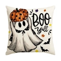 Dettaglio federa per cuscino Halloween in lino con gatto fantasma e testo BOO Y'all - Stile Fantasma Bianco BOO (DYM355-2) / 45*45cm Lino Solo Fronte Senza Imbottitura