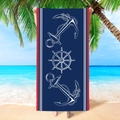 Microfiber beach towel with nautical anchor and helm print in navy blue and red - Nautical Helm Design (STMJ03-5)