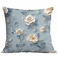 Square pillowcase featuring 3D floral print with white flowers and blue leaves - 45x45cm / Light Grey Blue White Flower Relief (DLD7-19)