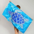 Microfiber beach towel featuring a blue turtle mandala design and ocean water texture - Light Blue Rippled Mandala Turtle (STMJ01-7)