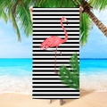 Microfiber beach towel featuring a pink flamingo print over black and white stripes - Black and White Stripe Flamingo (STMJ03-9)