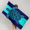 Microfiber beach towel featuring blue sea turtle mandala design with striped background - Dark Blue Wide Striped Mandala Turtle (STMJ01-8)