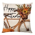 Detail of linen autumn pillow case featuring orange bicycle with pumpkins and maples - Vintage Bicycle Happy Autumn Style (DYM351-2) / 18x18 Inch
