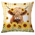 Sunflower highland cow cushion cover with yellow gingham background for home sofa decor - 18x18 Inch / Cover Only / Yellow White Gingham Highland Cow Style (CDR360-4)