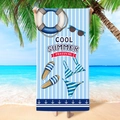 Microfiber beach towel with blue stripes and summer illustrations in a seaside setting - Summer Party Elements (STMJ03-10)