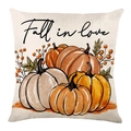 Detail of linen pillow cover with fall pumpkins and Fall in love artistic typography - Pumpkin Painted Fall in Love Style (DYM351-3) / 18x18 Inch